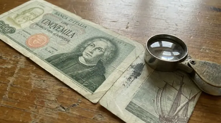Banconota da 5.000 lire con ritratto di Colombo e lente d'ingrandimento su tavolo di legno