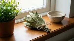 Mazzo di foglie di alloro legato con spago su davanzale vicino a una pianta in vaso