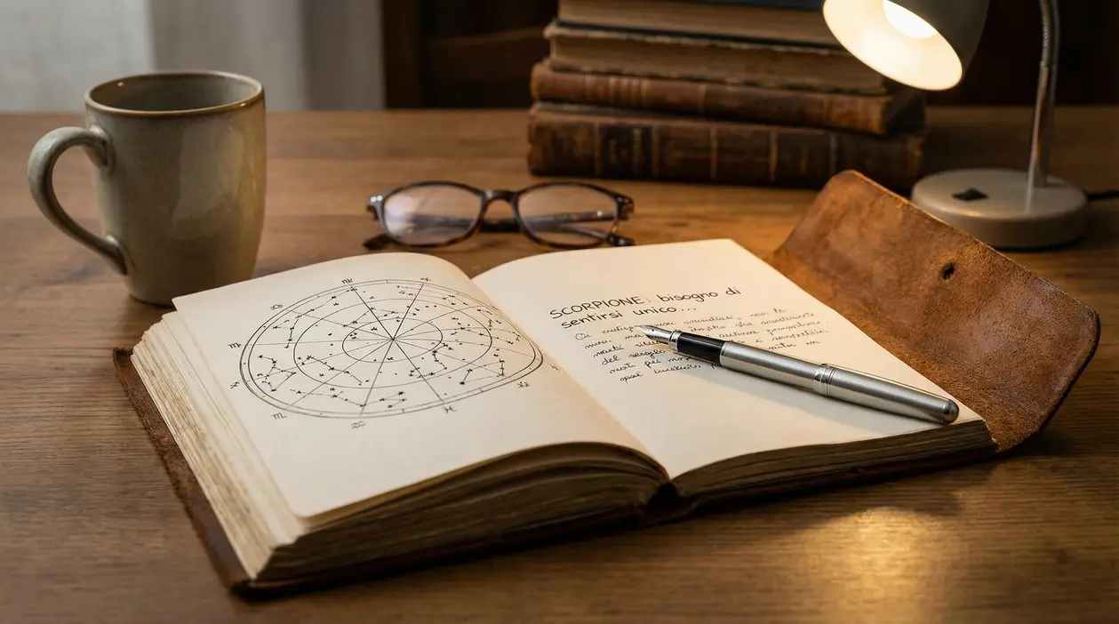 Un libro aperto con un tema zodiacale disegnato e una penna su un tavolo in legno