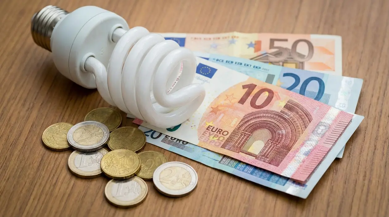 Lampadina a basso consumo accanto a banconote e monete in euro su un tavolo