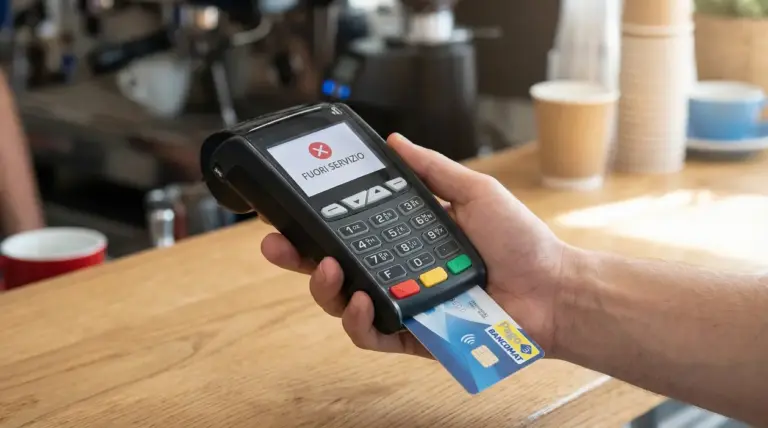 Terminale POS con carta Bancomat inserita che mostra un messaggio di fuori servizio