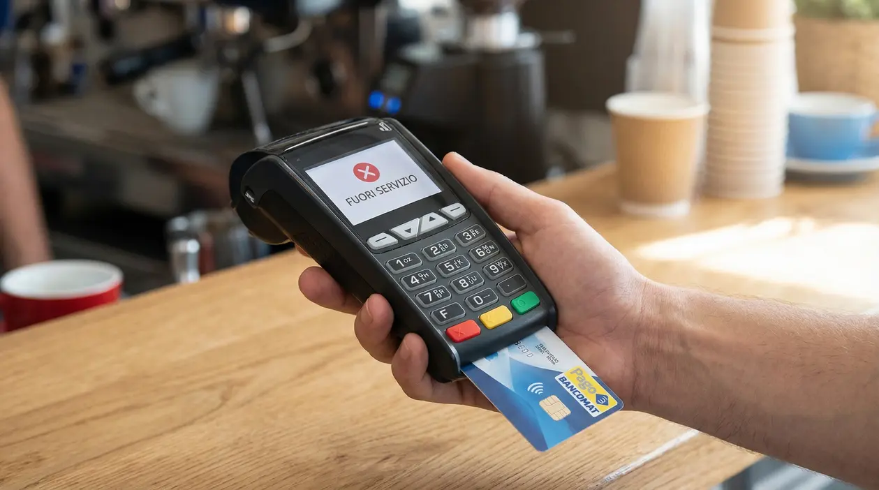 Terminale POS con carta Bancomat inserita che mostra un messaggio di fuori servizio