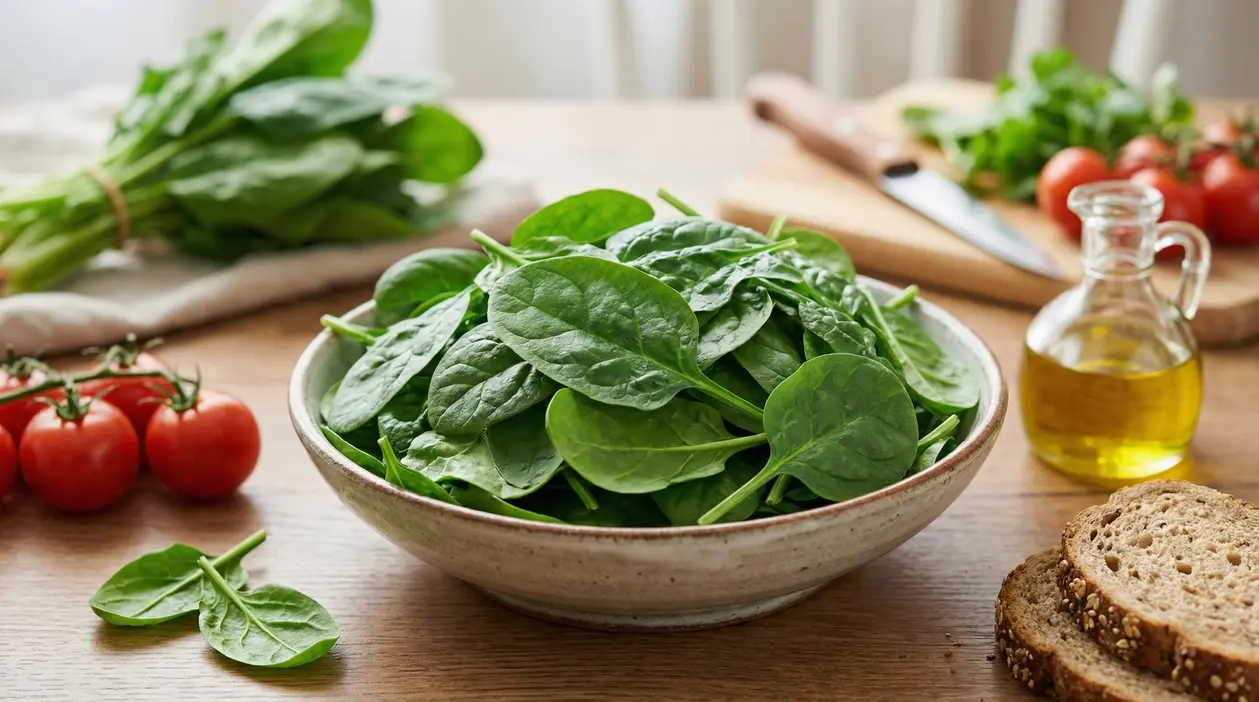 Ciotola di spinaci freschi su un tavolo con pane, pomodori e olio d'oliva