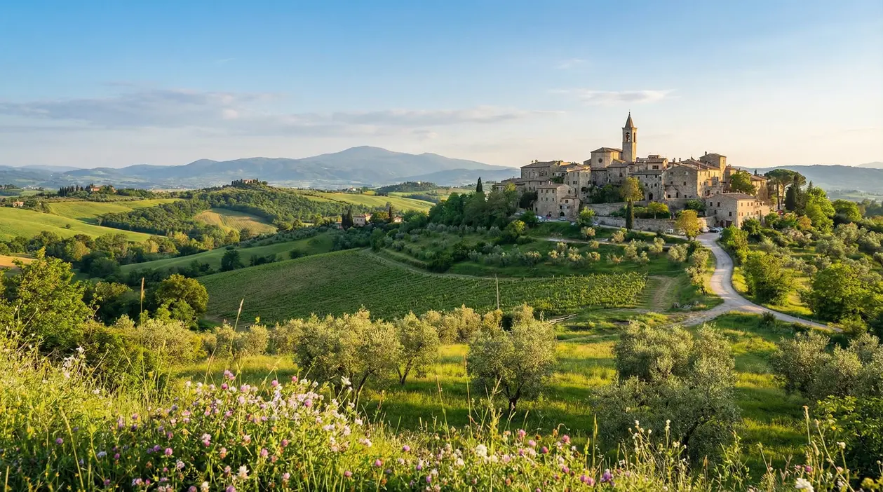 Veduta panoramica di un borgo collinare in Umbria circondato da natura rigogliosa e colline verdi