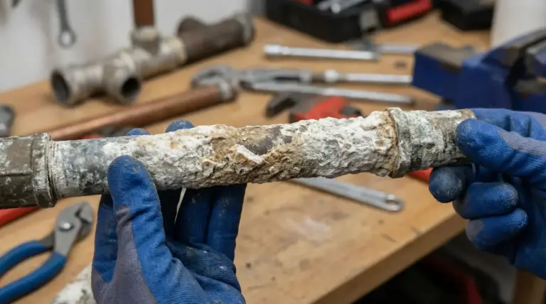 Tubo dell'acqua ricoperto di calcare tenuto da mani con guanti da lavoro