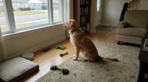 Cane seduto vicino a una finestra che guarda fuori in un salotto