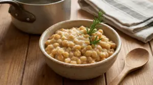 Ciotola di ceci cotti e cremosi con rametto di rosmarino su tavolo di legno