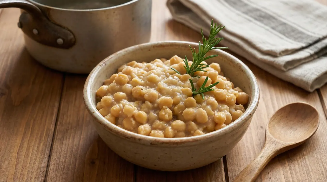 Ciotola di ceci cotti e cremosi con rametto di rosmarino su tavolo di legno