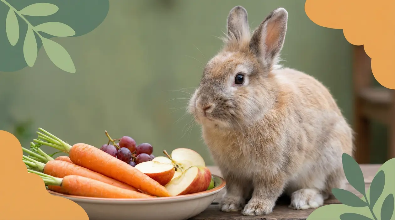 Coniglio vicino a un piatto con carote, uva e mele su un tavolo
