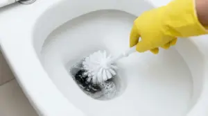 Mano con guanto giallo che pulisce il fondo del water con una spazzola