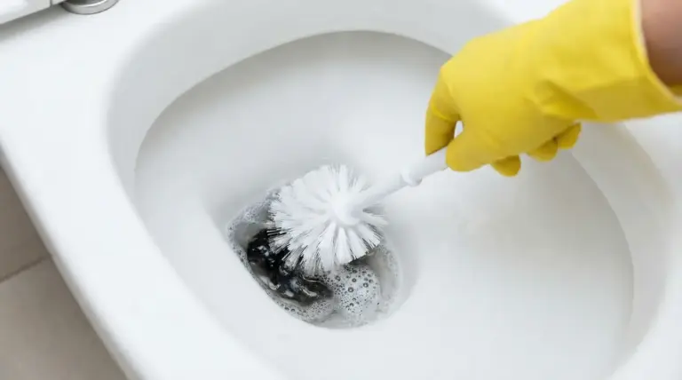 Mano con guanto giallo che pulisce il fondo del water con una spazzola