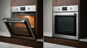 Forno da incasso in cucina mostrato con sportello aperto e chiuso