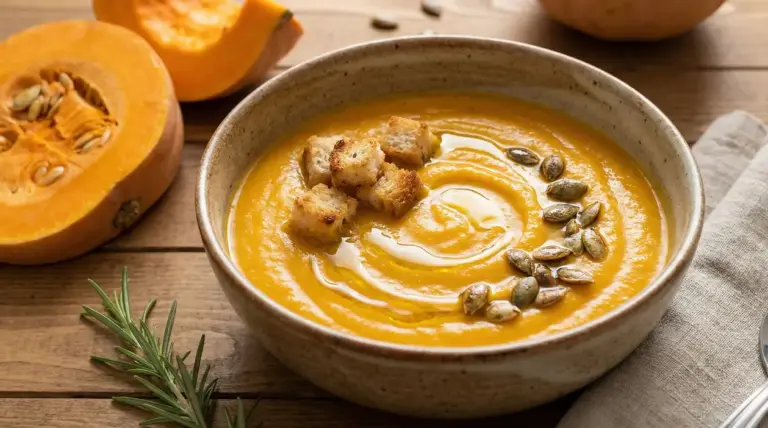 Vellutata di zucca cremosa servita con crostini, semi di zucca e un filo d’olio