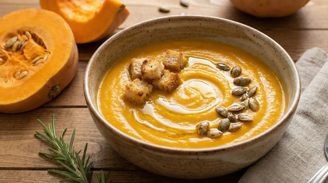 Vellutata di zucca cremosa servita con crostini, semi di zucca e un filo d’olio