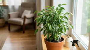 Ficus benjamin in vaso su un davanzale vicino a una finestra luminosa