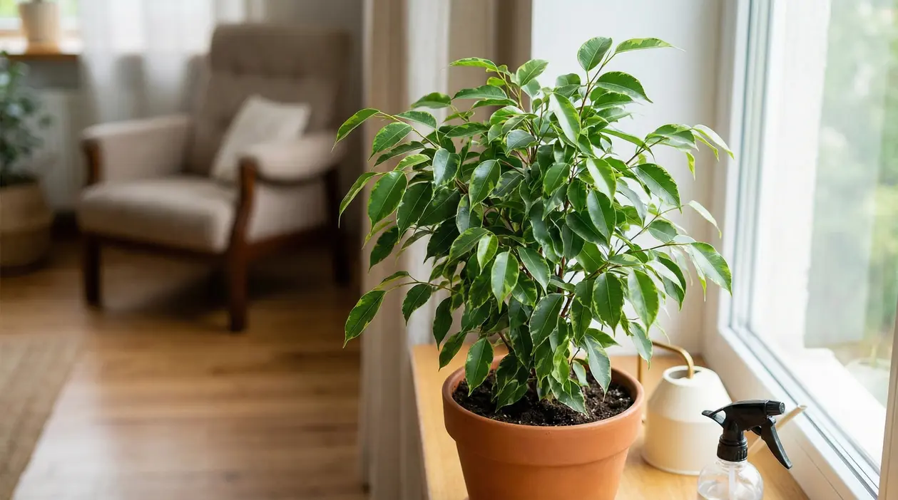 Ficus benjamin in vaso su un davanzale vicino a una finestra luminosa