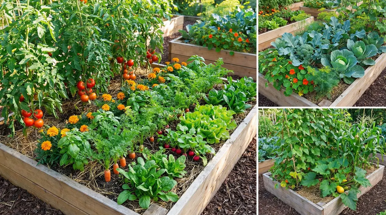 Orto con aiuole rialzate che mostrano diverse combinazioni di ortaggi e fiori