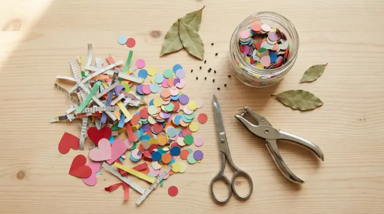 Coriandoli colorati fai da te con forbici, bucatrice e ritagli di carta su un tavolo di legno