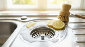 Lavello in acciaio con limoni affettati, schiuma e una spazzola da cucina