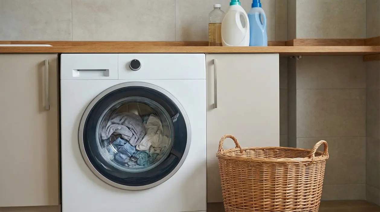 Bucato lasciato in lavatrice con cesto accanto in una lavanderia domestica