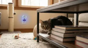 Gatto nascosto sotto un tavolino accanto a una pila di libri in un ambiente domestico