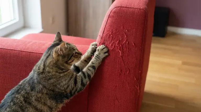 Gatto che graffia un divano rosso danneggiando il tessuto