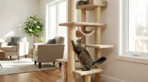 Gatto che si arrampica su un tiragraffi in una stanza luminosa con arredi moderni