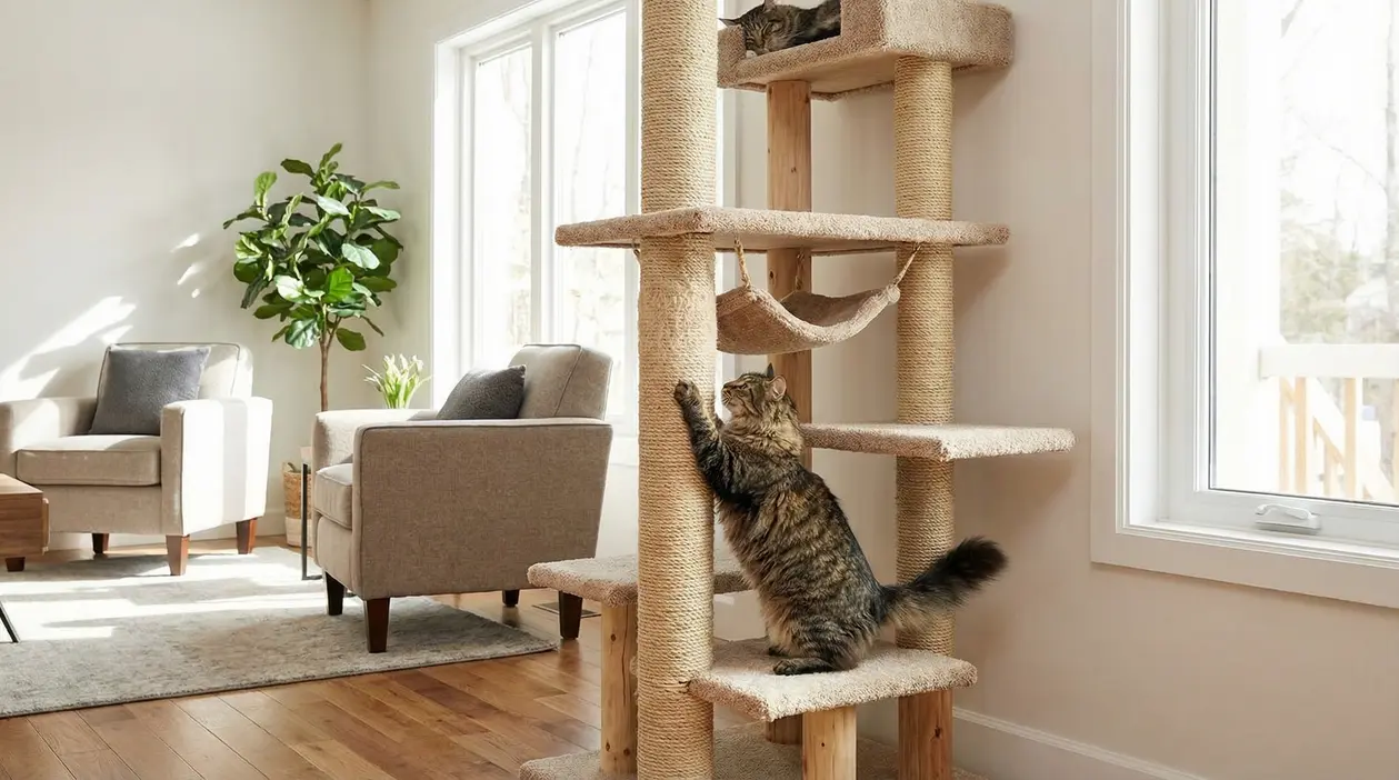 Gatto che si arrampica su un tiragraffi in una stanza luminosa con arredi moderni
