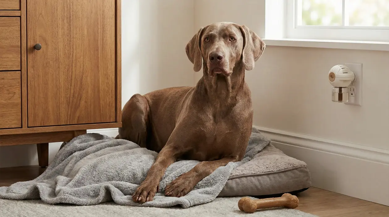 Cane rilassato su una cuccia morbida vicino a una finestra in un ambiente domestico
