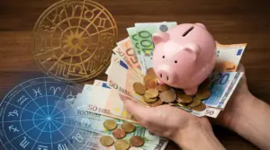 Mani che tengono un salvadanaio rosa su banconote e monete, con simboli zodiacali sullo sfondo
