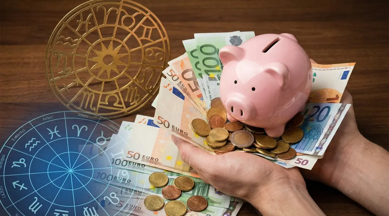 Mani che tengono un salvadanaio rosa su banconote e monete, con simboli zodiacali sullo sfondo