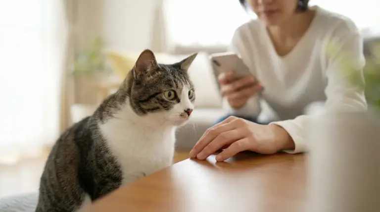 Gatto che fissa una persona seduta accanto a lui su un tavolo in salotto