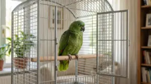 Un pappagallo verde posato su un trespolo all'interno di una gabbia aperta in una stanza luminosa
