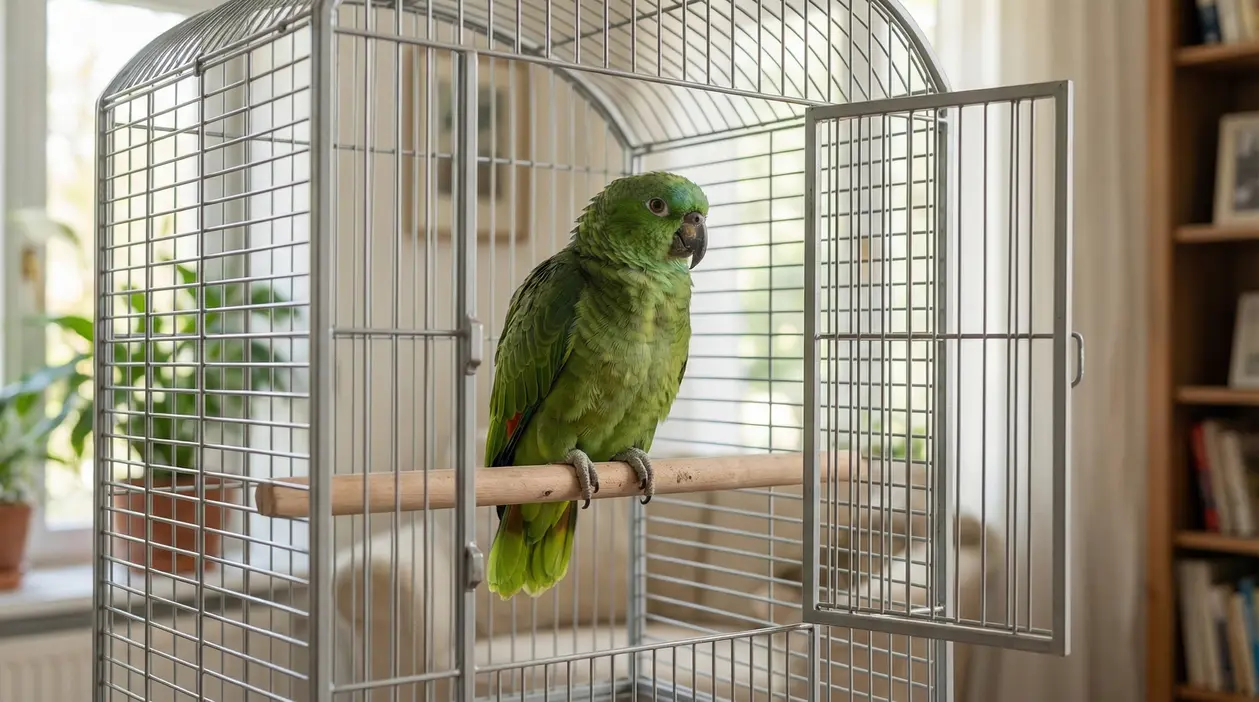 Un pappagallo verde posato su un trespolo all'interno di una gabbia aperta in una stanza luminosa