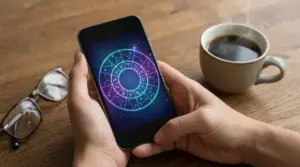Persona che guarda un'app con i segni zodiacali su smartphone