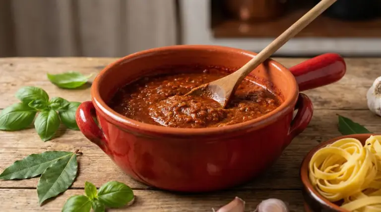 Ragù fatto in casa in pentola di terracotta con mestolo di legno su tavolo rustico.