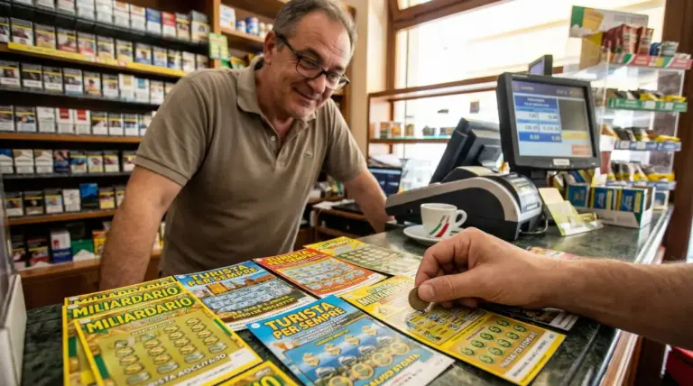 Persona gratta un biglietto Gratta e Vinci su un bancone di una tabaccheria