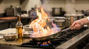 Fiamma alta in una padella durante la cottura con alcol in una cucina professionale