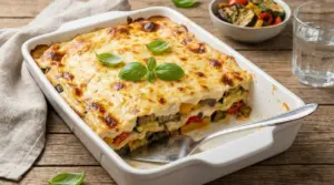 Lasagne vegetariane con verdure grigliate e besciamella in una teglia bianca su tavolo rustico