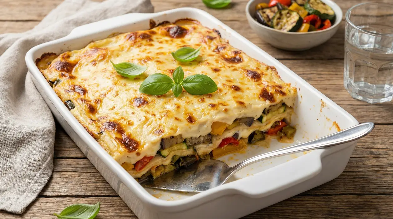 Lasagne vegetariane con verdure grigliate e besciamella in una teglia bianca su tavolo rustico