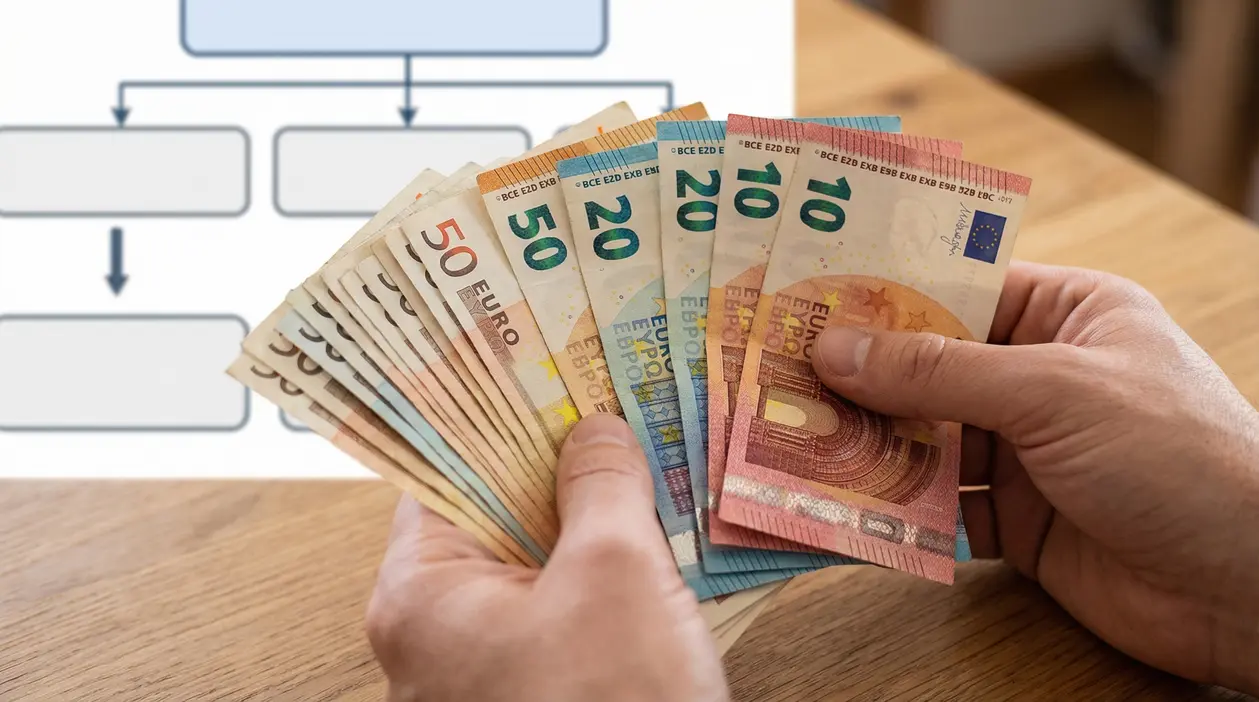 Mani che tengono diverse banconote in euro su un tavolo di legno