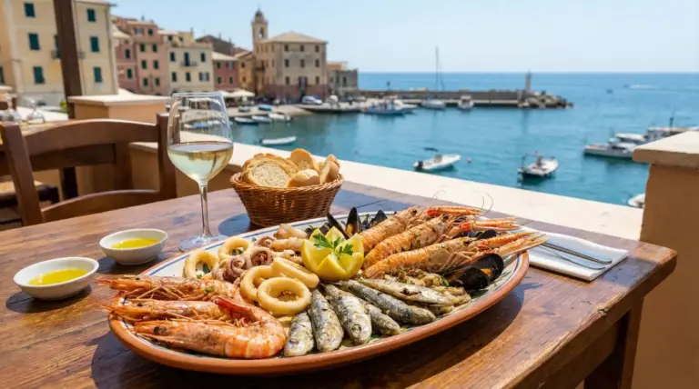 Piatto di pesce fresco con vista sul porto di una città costiera italiana