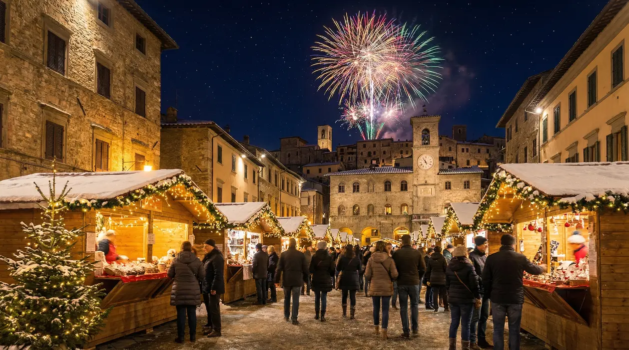 Persone passeggiano tra bancarelle natalizie in una piazza italiana con fuochi d'artificio sullo sfondo
