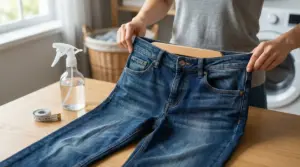 Una persona mostra un paio di jeans su un tavolo accanto a uno spruzzino e un metro da sarto