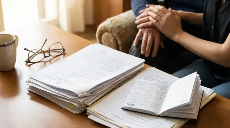 Mani di due persone intrecciate accanto a documenti ufficiali e un calendario del 2026 su un tavolo