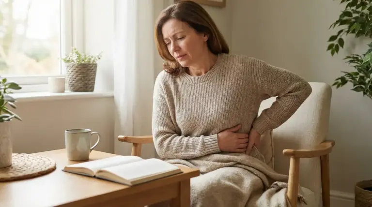 Persona seduta con espressione dolorante che si tiene il fianco, in un ambiente domestico.