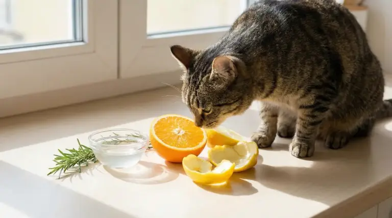 Gatto che annusa agrumi e rosmarino su un davanzale illuminato dal sole