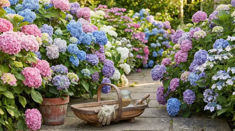 Ortensie colorate in piena fioritura lungo un vialetto di un giardino, con attrezzi da giardinaggio in primo piano