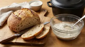Pane senza impasto su un tagliere con ciotola di impasto e ingredienti