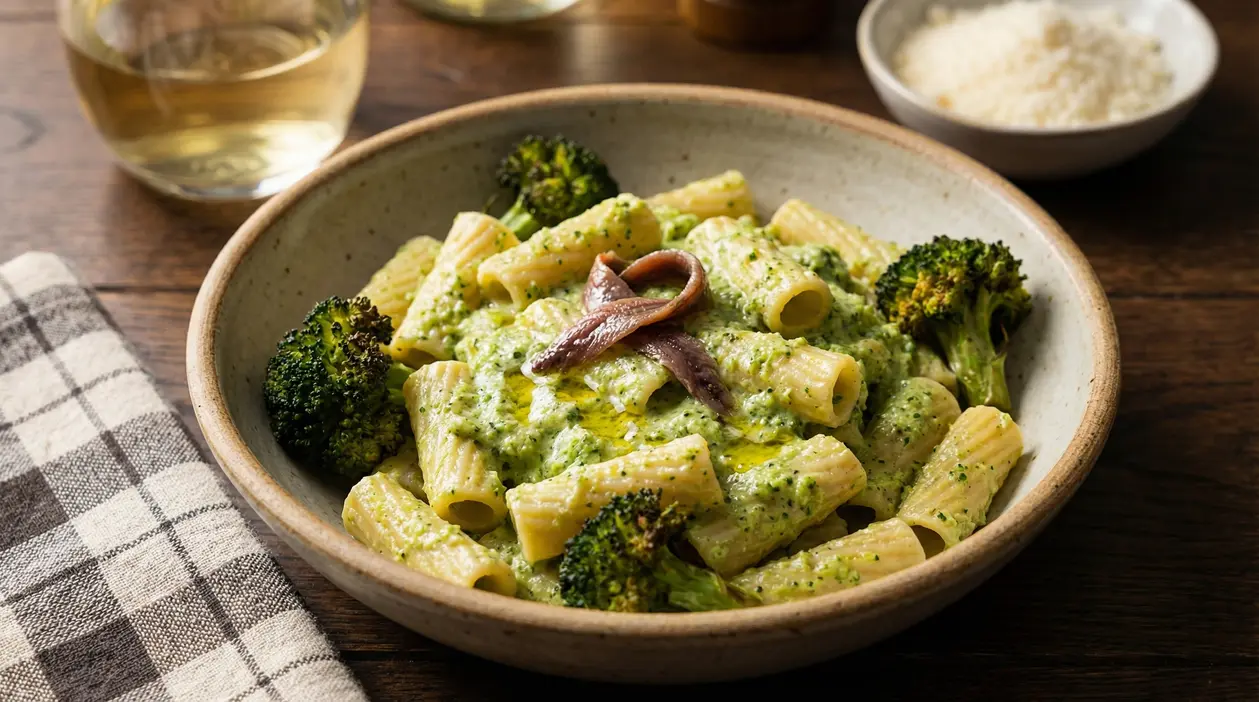 Piatto di pasta con crema di broccoli e acciughe, servito in una ciotola su tavolo di legno